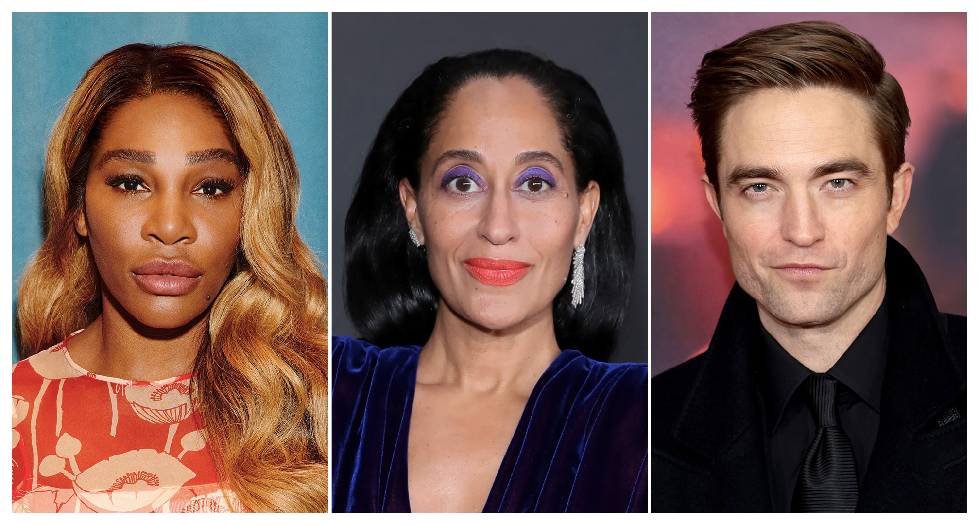 collage af serena williams, tracee ellis ross og robert pattinson