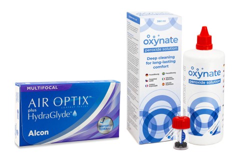 Air Optix Plus Hydraglyde Multifocal (3 linser) + Oxynate Peroxide 380 ml med etui